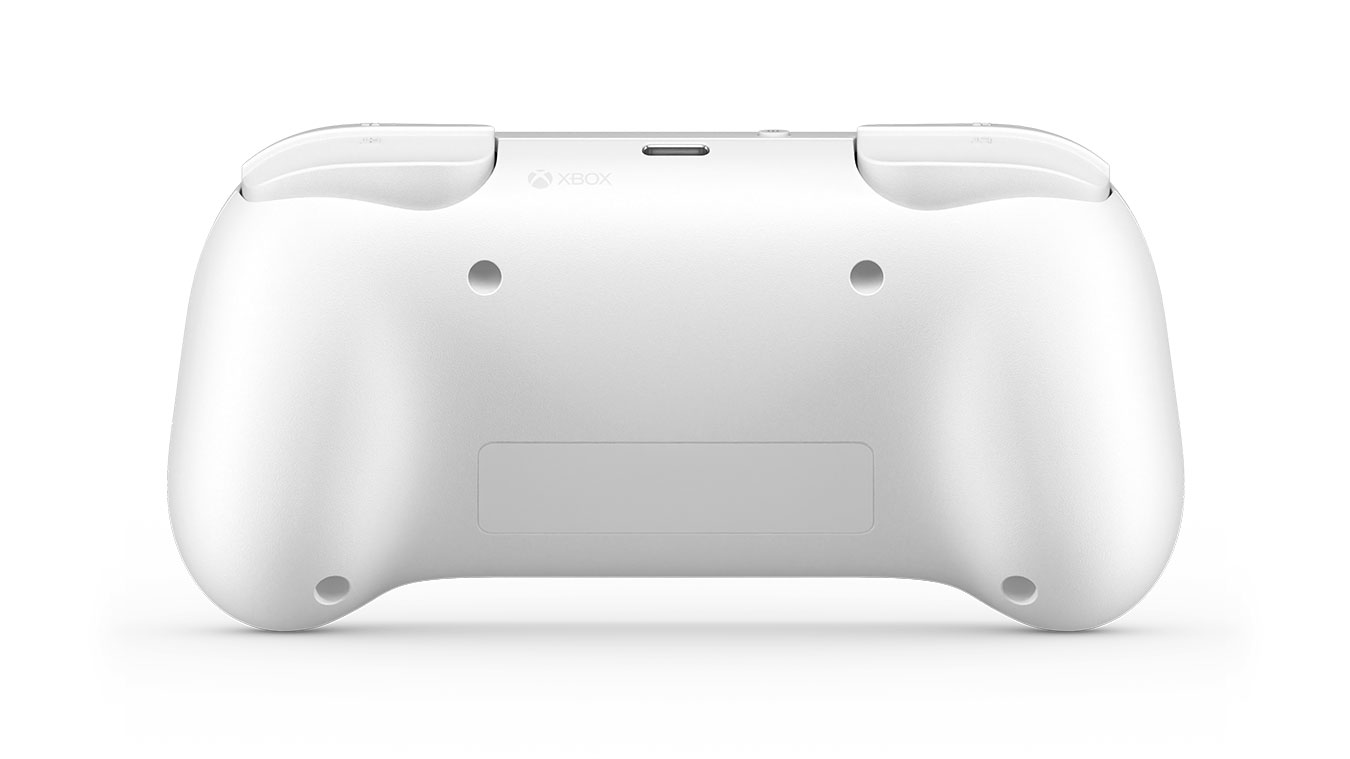Rear of the white Xbox Nano Controller showing its shoulder controls and USB-C port
