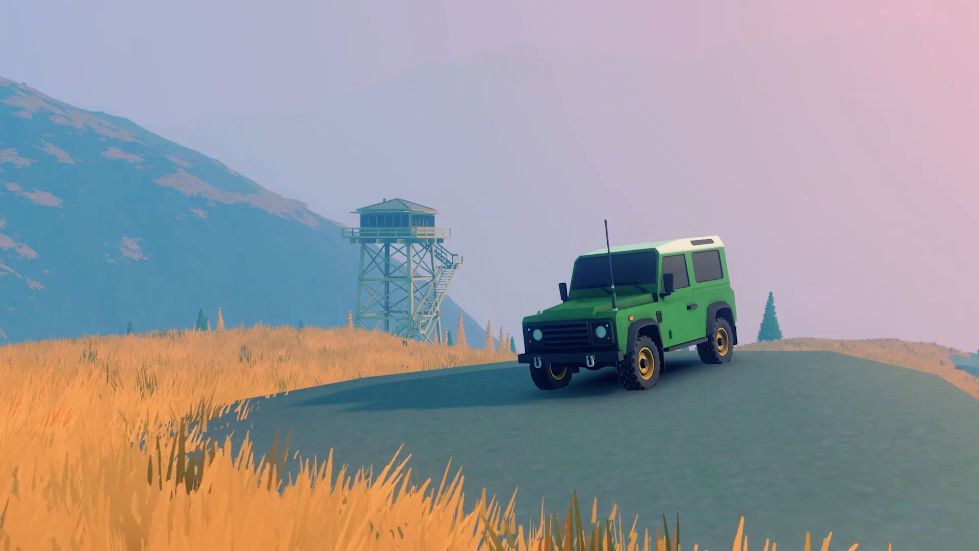 over the hill gameplay vehicle exploring a road near a wooden observation tower