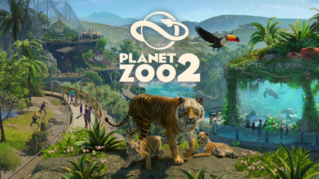 Planet Zoo 2 official title artwork with tigers, a toucan and an aquarium