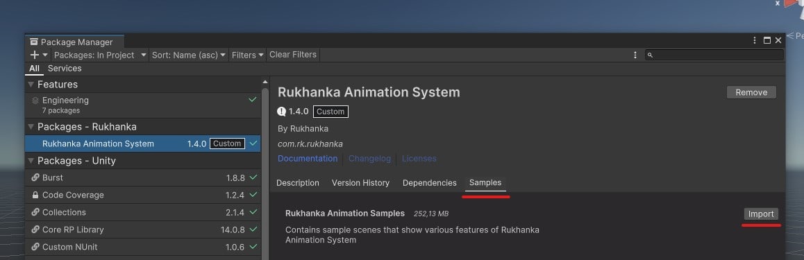 Rukhanka sample import controls in an older Package Manager illustration