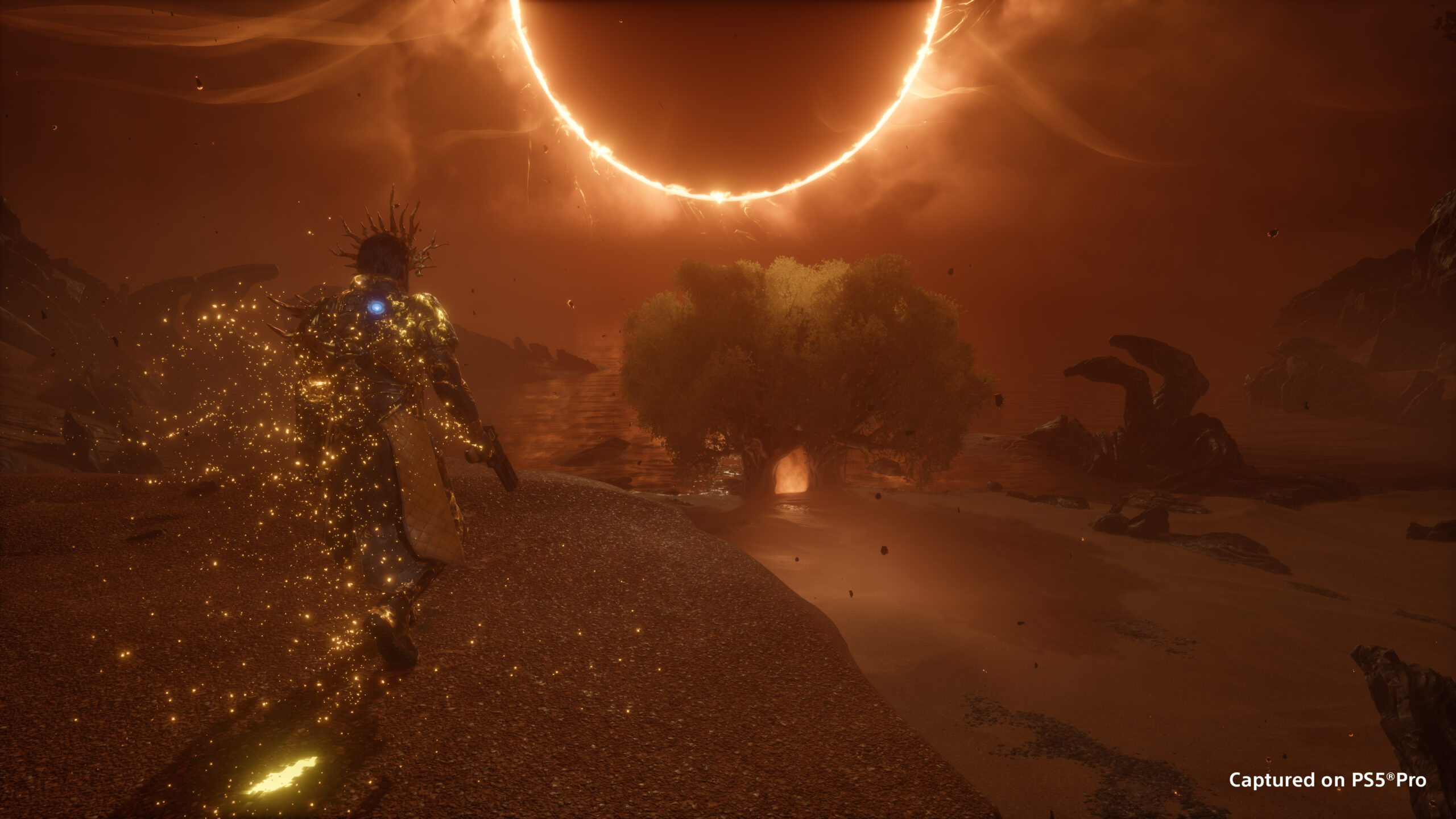 Saros Zenith official screenshot showing Arjun beneath an eclipse on Carcosa