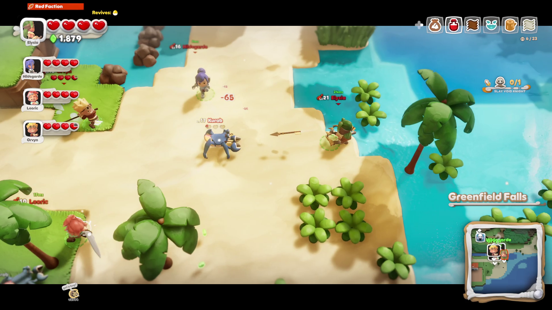 Scramble Knights Online official screenshot showing a party exploring a tropical coast