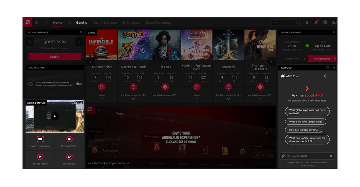 AMD Software interface used when investigating Apex Legends RX 9070 crashes
