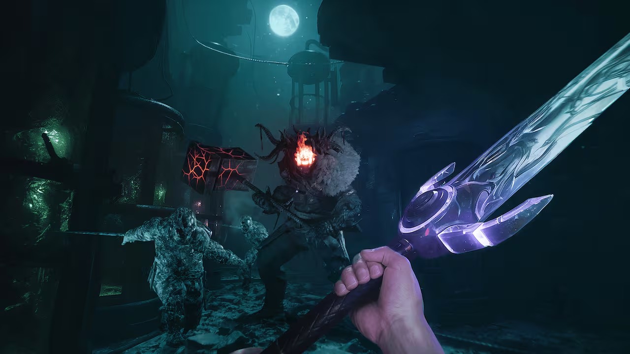 Sker Ritual official gameplay image with a glowing weapon and nighttime enemies