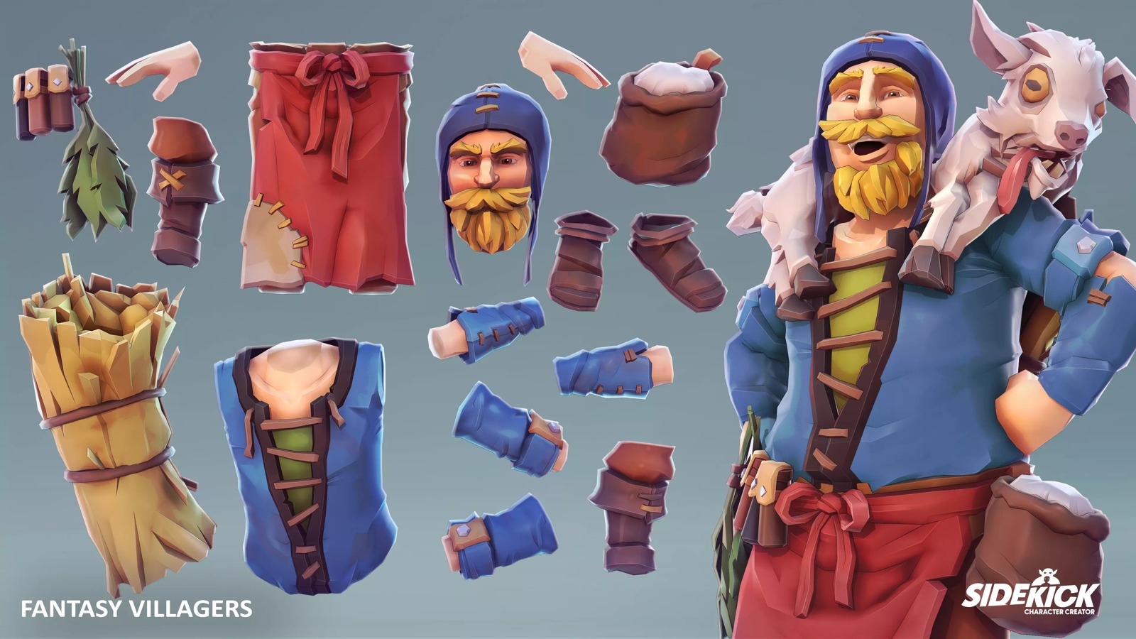 Fantasy Villagers Sidekick male character and modular clothing parts