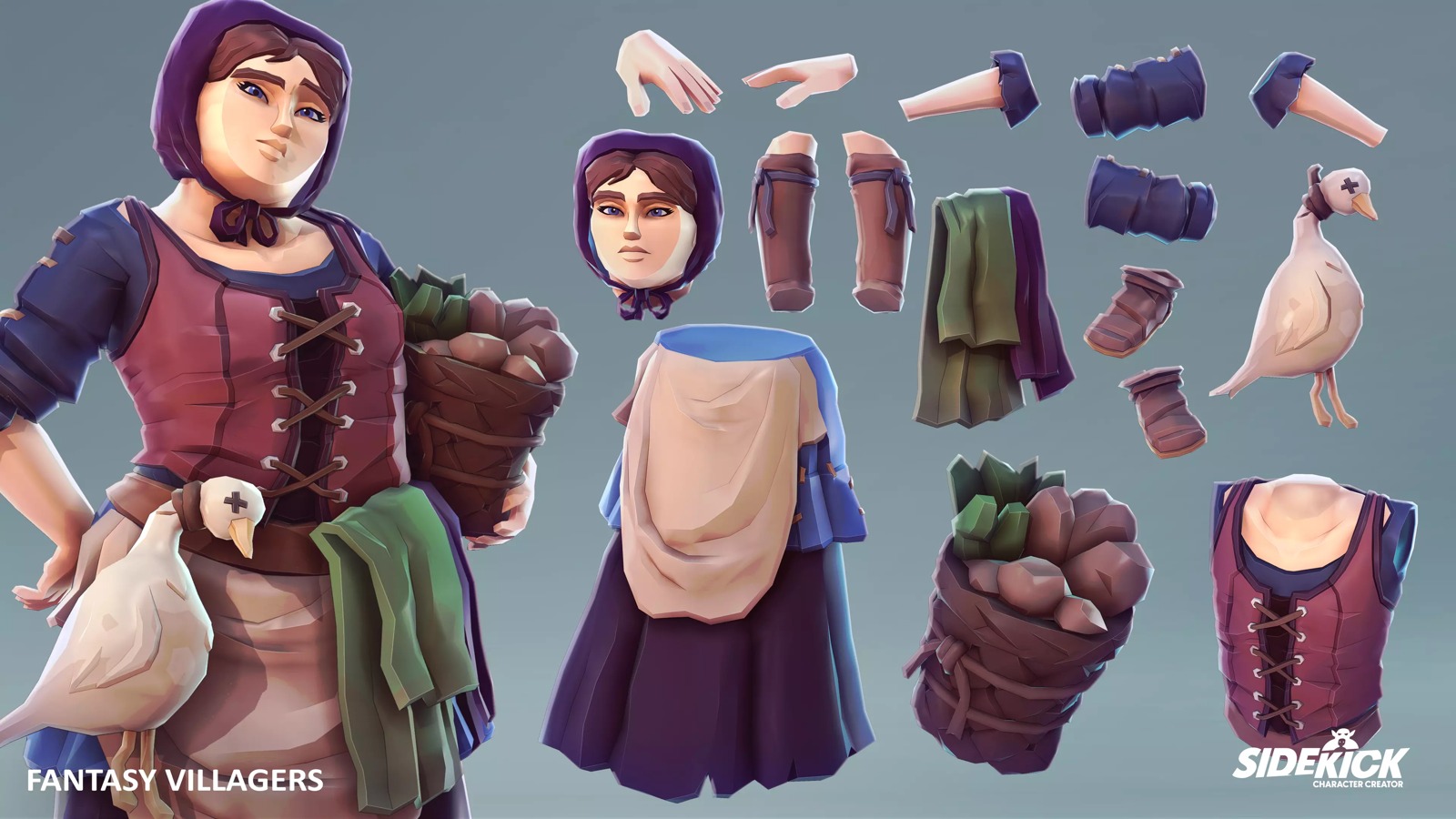 Fantasy Villagers Sidekick female character and distinct modular outfit parts