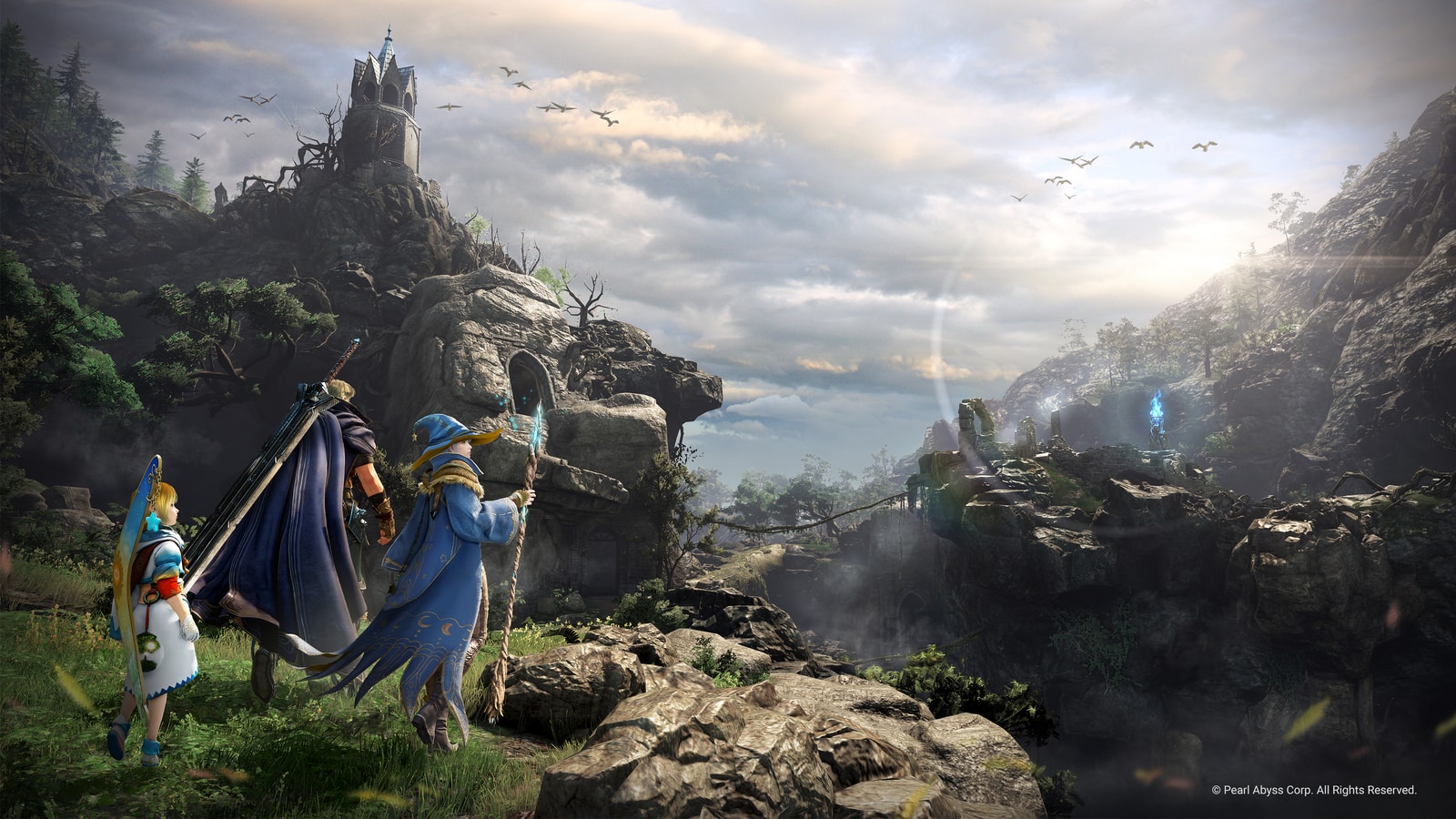 Black Desert official wallpaper showing adventurers overlooking a valley