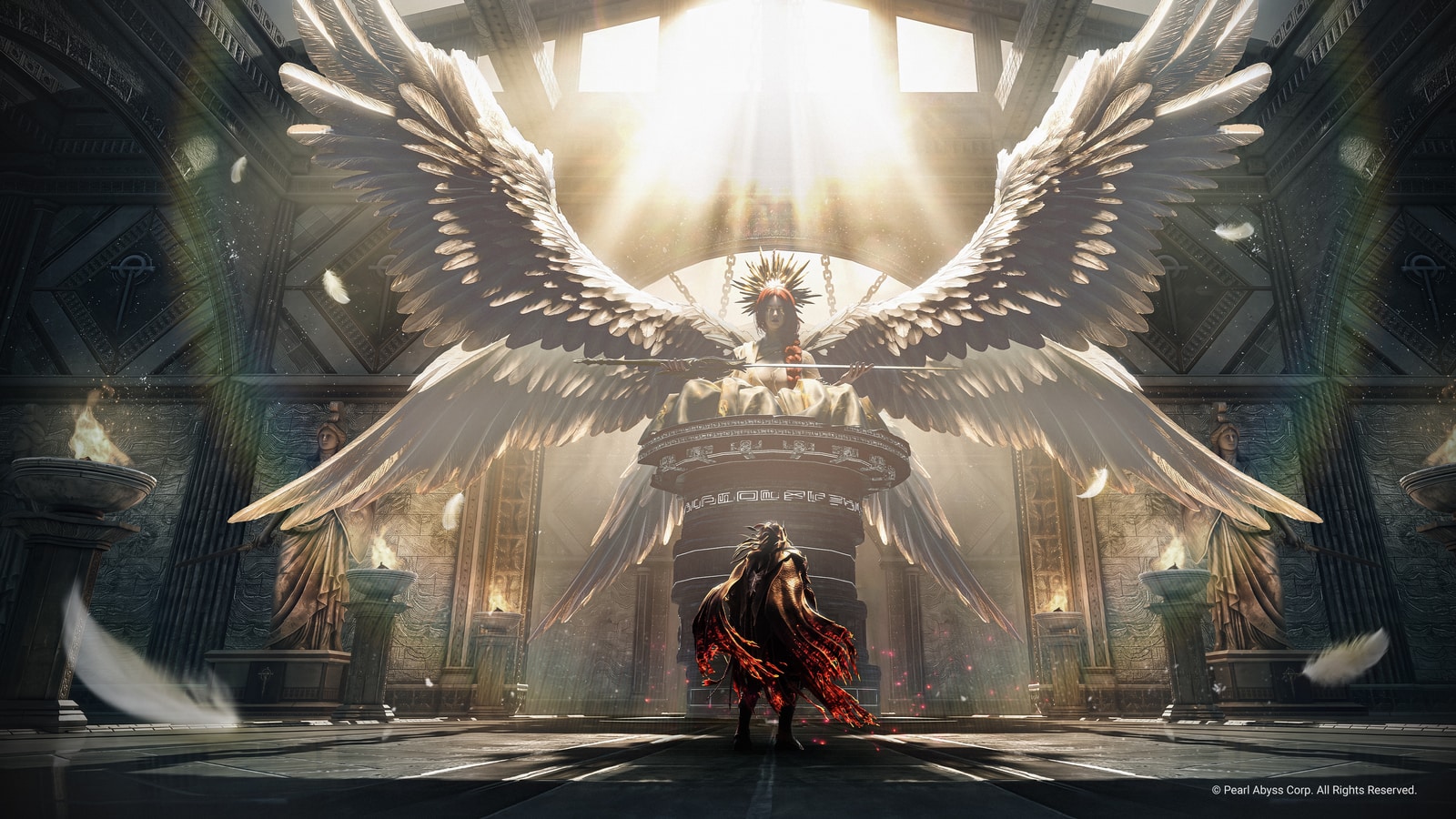 Black Desert official wallpaper showing a character beneath a winged statue
