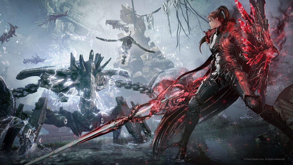 Black Desert red-armored fighter facing a large enemy in official combat artwork