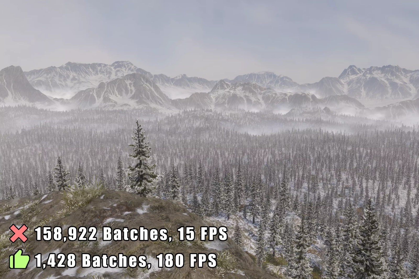 Publisher BRG Instanced Renderer performance comparison in a forest scene