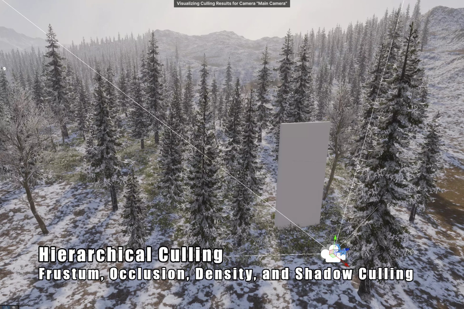 BRG Instanced Renderer hierarchical culling illustration in a forest scene